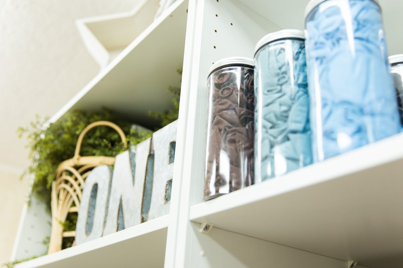 Props and details on the studio shelves